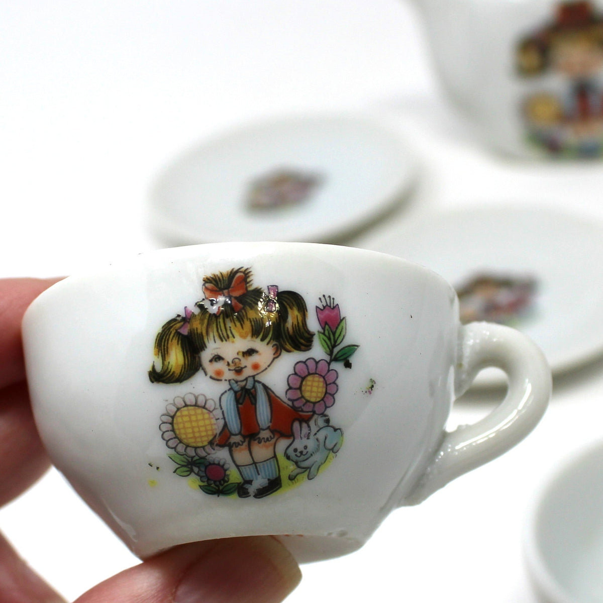 Children's Tea Set: Girl in Pigtails Decal, Japan Porcelain Toy, Vintage 1960s, 10 Pcs