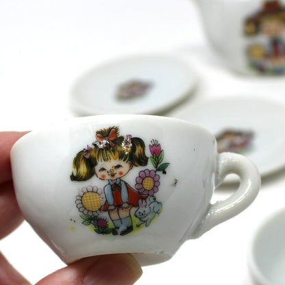 Children's Tea Set: Girl in Pigtails Decal, Japan Porcelain Toy, Vintage 1960s, 10 Pcs