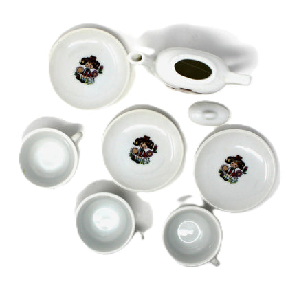 Children's Tea Set: Girl in Pigtails Decal, Japan Porcelain Toy, Vintage 1960s, 10 Pcs