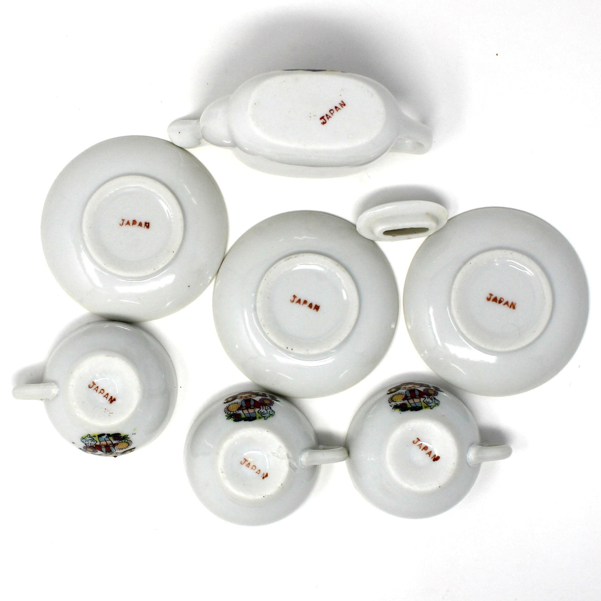 Children's Tea Set: Girl in Pigtails Decal, Japan Porcelain Toy, Vintage 1960s, 10 Pcs