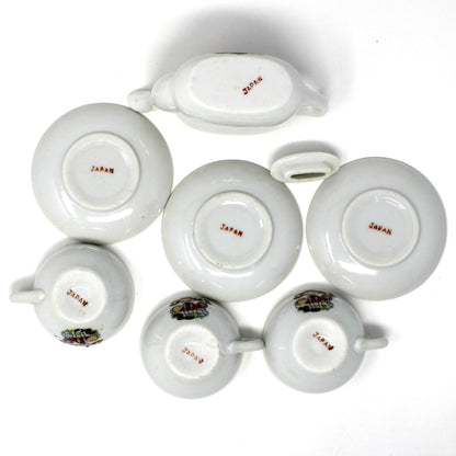 Children's Tea Set: Girl in Pigtails Decal, Japan Porcelain Toy, Vintage 1960s, 10 Pcs