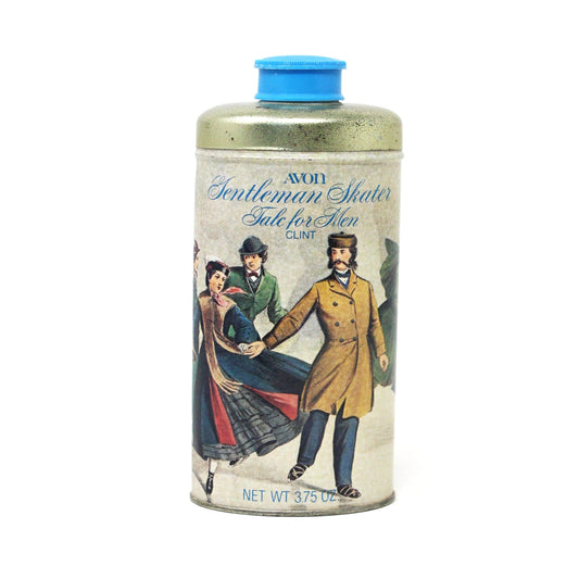 Shaker, Avon, Gentleman Skater Talc For Men, Metal Tin, Currier & Ives, Vintage Collectible, 1970's