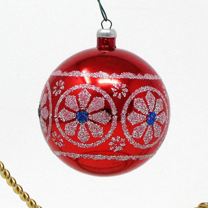 Ornaments, Yuletide, Red, White & Blue Ball Ornament, Stenciled Glitter, Unbreakable, Vintage Italy