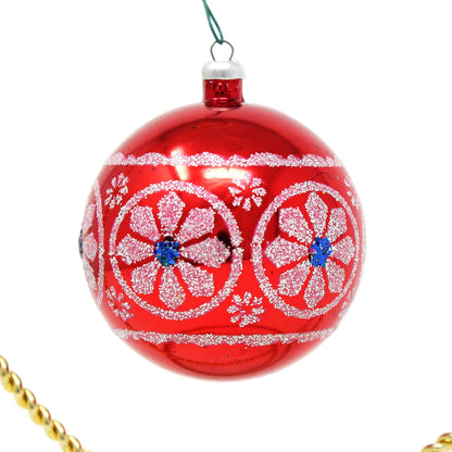 Ornaments, Yuletide, Red, White & Blue Ball Ornament, Stenciled Glitter, Unbreakable, Vintage Italy