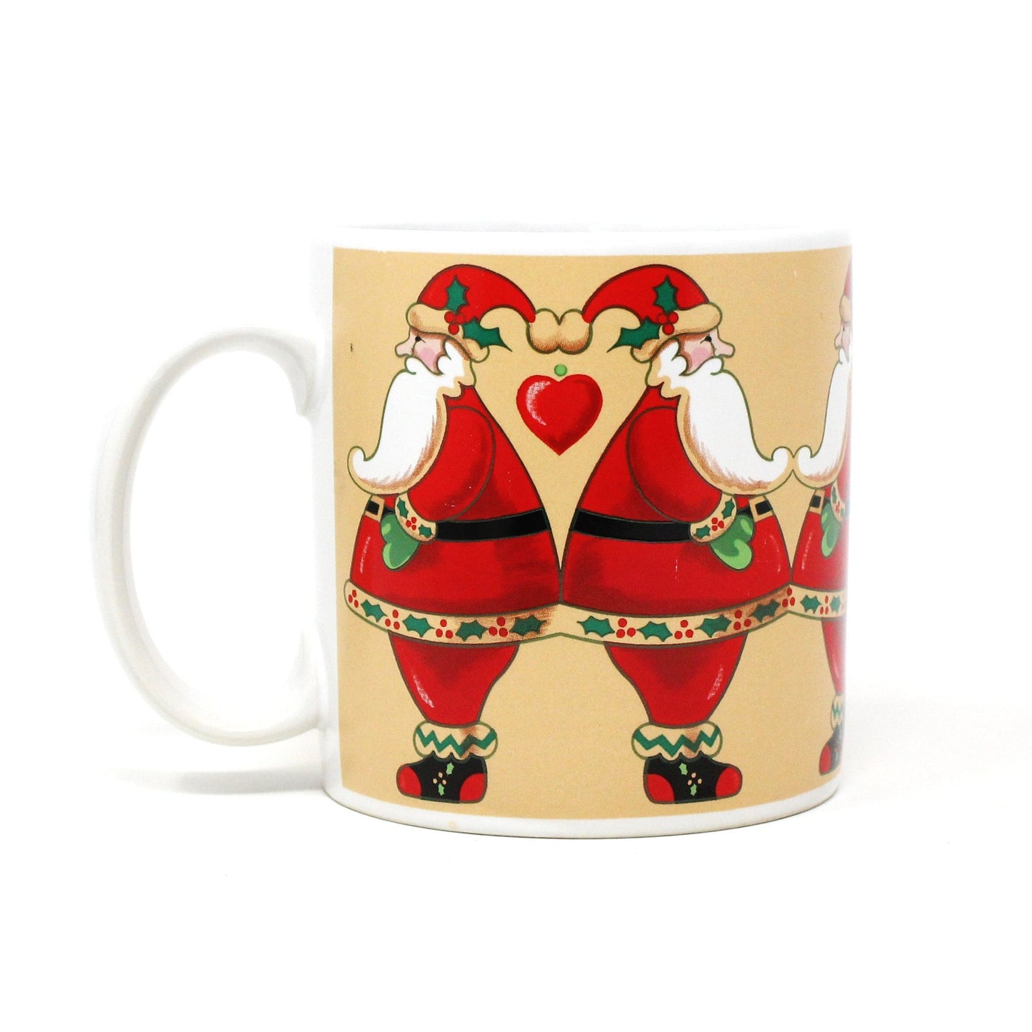 Mug, Russ Berrie, Coffee Mug, Christmas Santas with Hearts #9497, Ceramic, Vintage, 1980's
