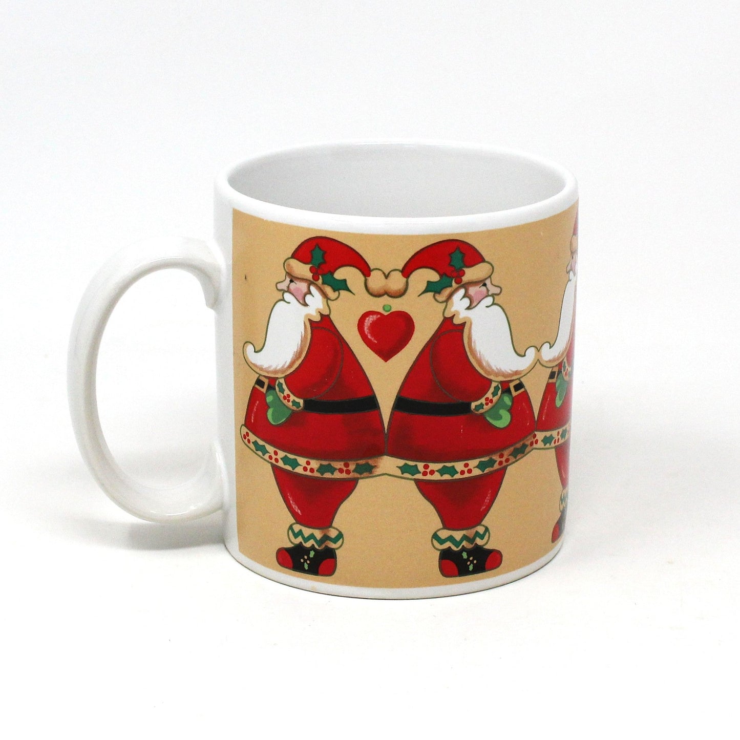 Mug, Russ Berrie, Coffee Mug, Christmas Santas with Hearts #9497, Ceramic, Vintage, 1980's