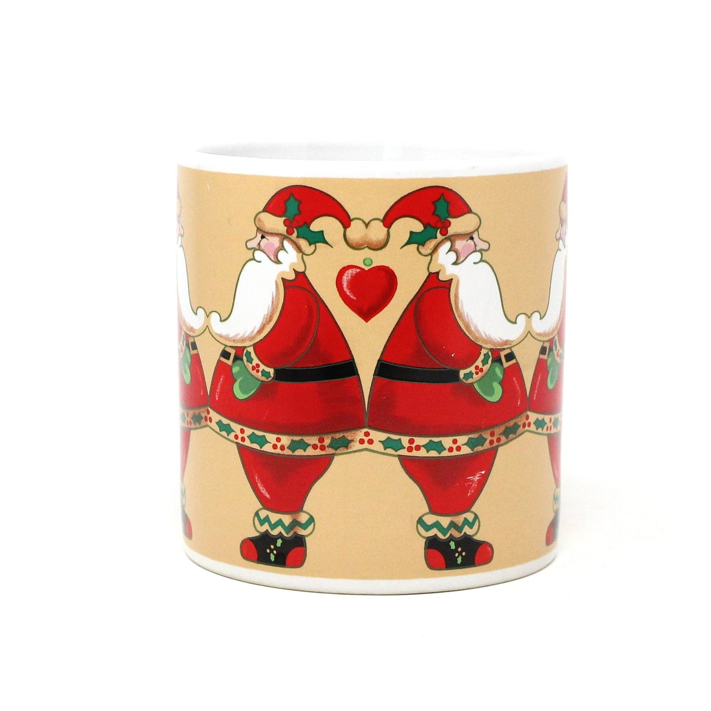 Mug, Russ Berrie, Coffee Mug, Christmas Santas with Hearts #9497, Ceramic, Vintage, 1980's