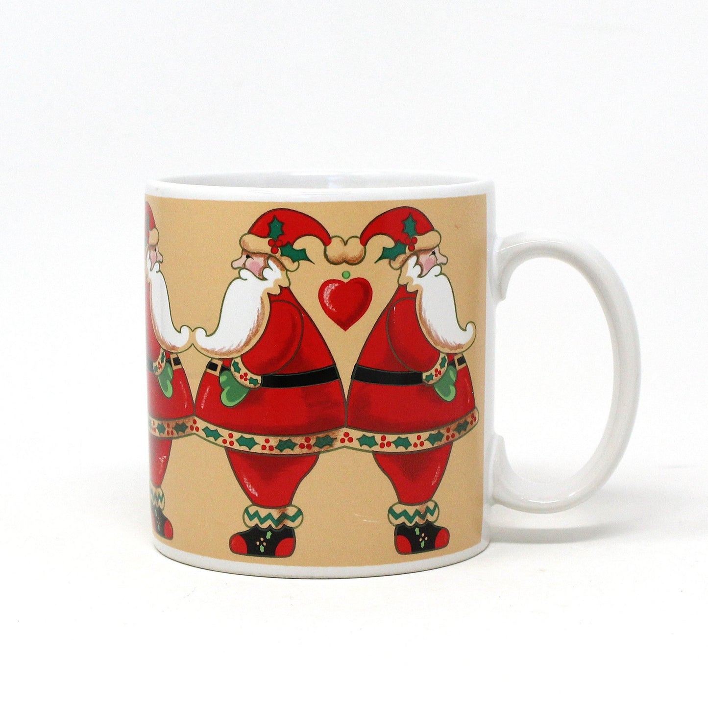 Mug, Russ Berrie, Coffee Mug, Christmas Santas with Hearts #9497, Ceramic, Vintage, 1980's
