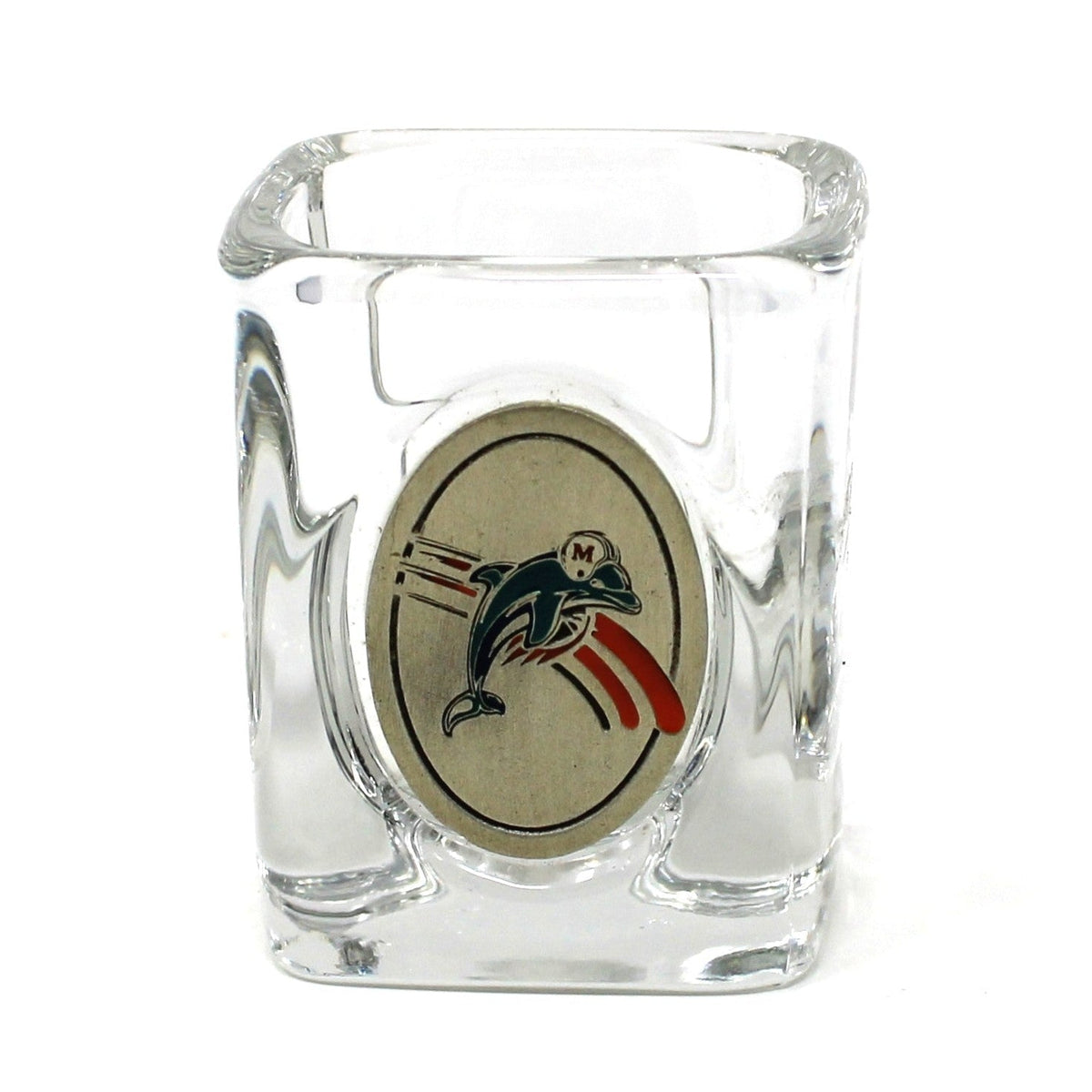 Shot Glass: Miami Dolphins, Football Dolphin Helmet Logo, Oval Pewter Emblem, Square, 2000
