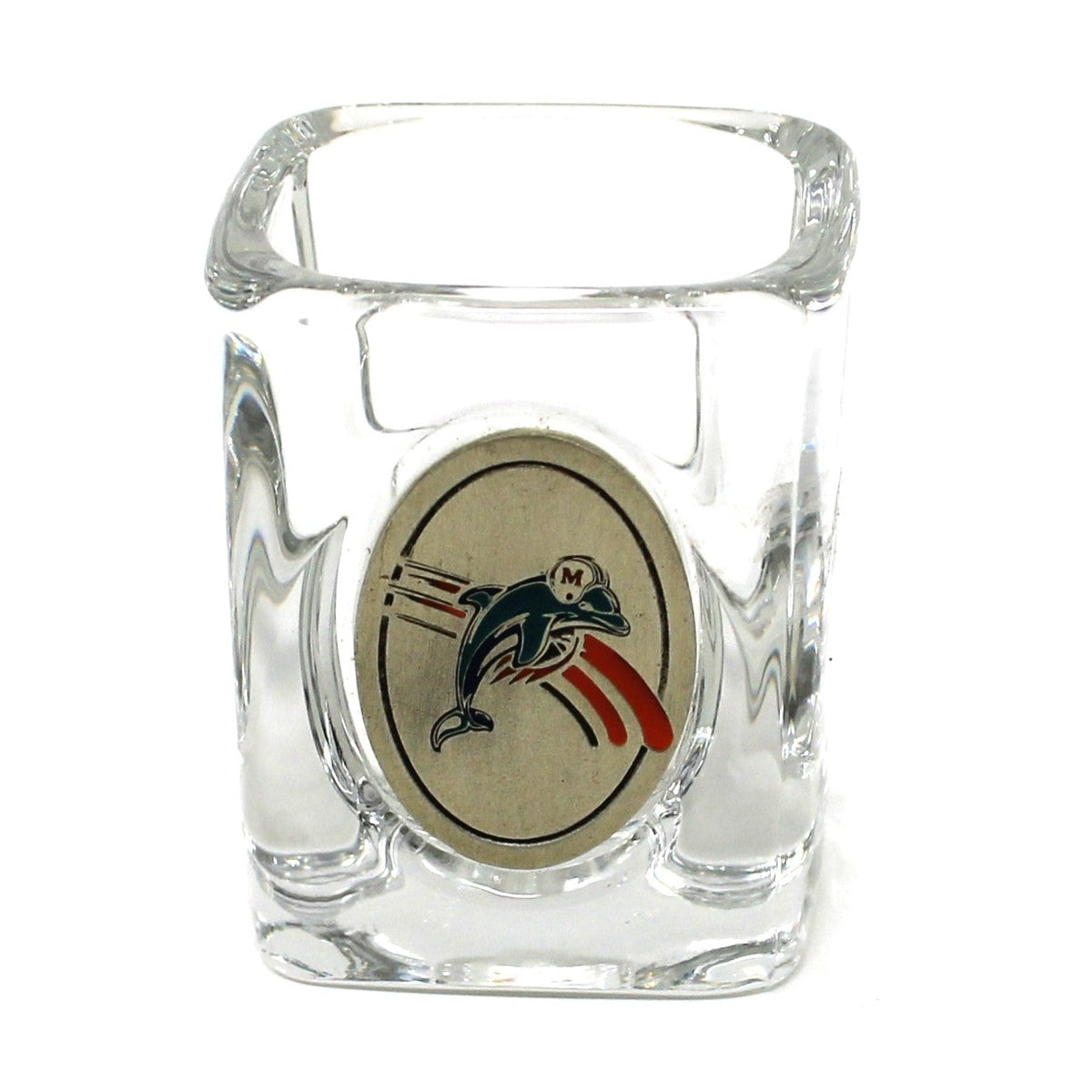 Shot Glass: Miami Dolphins, Football Dolphin Helmet Logo, Oval Pewter Emblem, Square, 2000