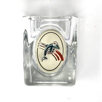 Shot Glass: Miami Dolphins, Football Dolphin Helmet Logo, Oval Pewter Emblem, Square, 2000