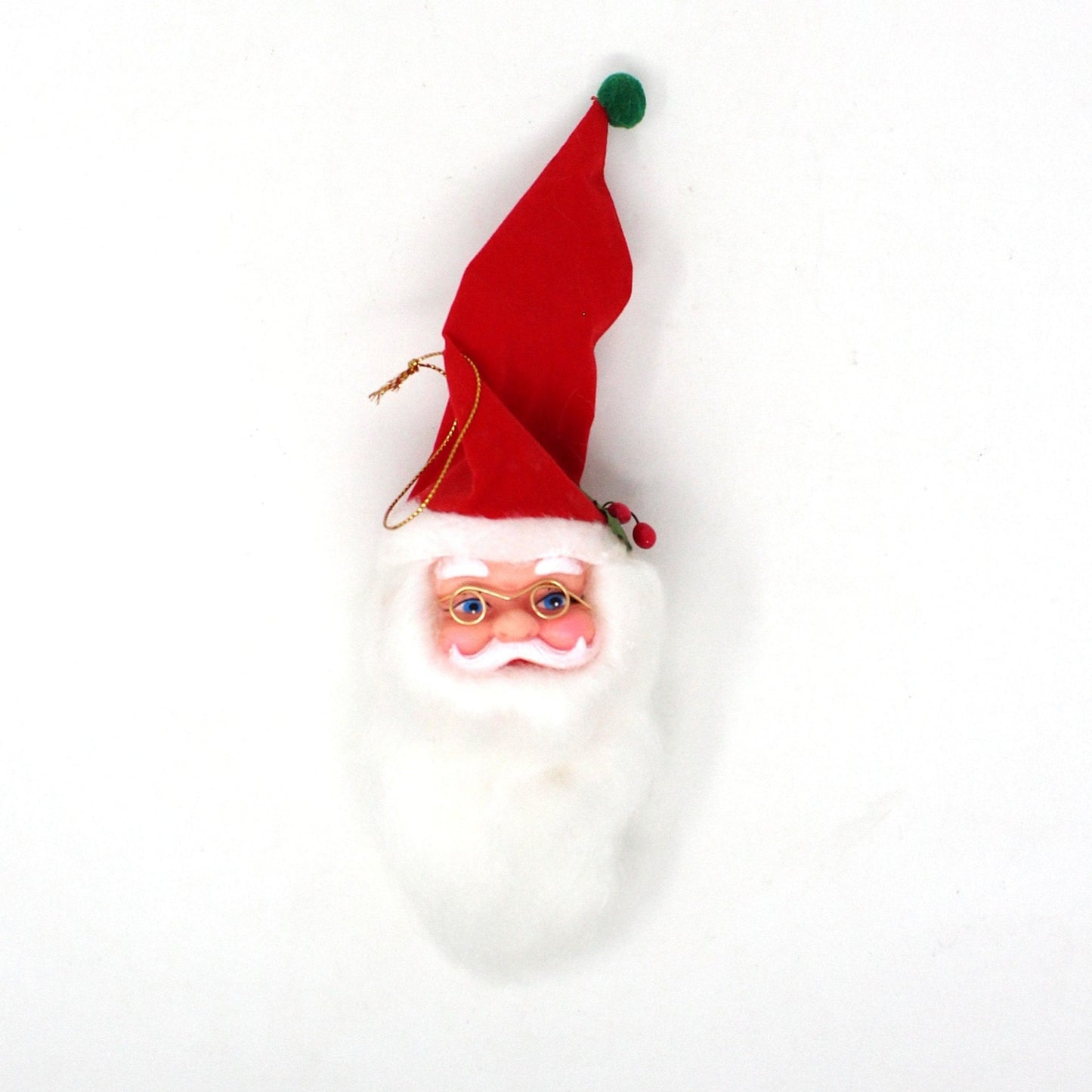 Ornaments, Santa Head with Long Cotton Beard and Glasses, Christmas Kitsch, Vintage