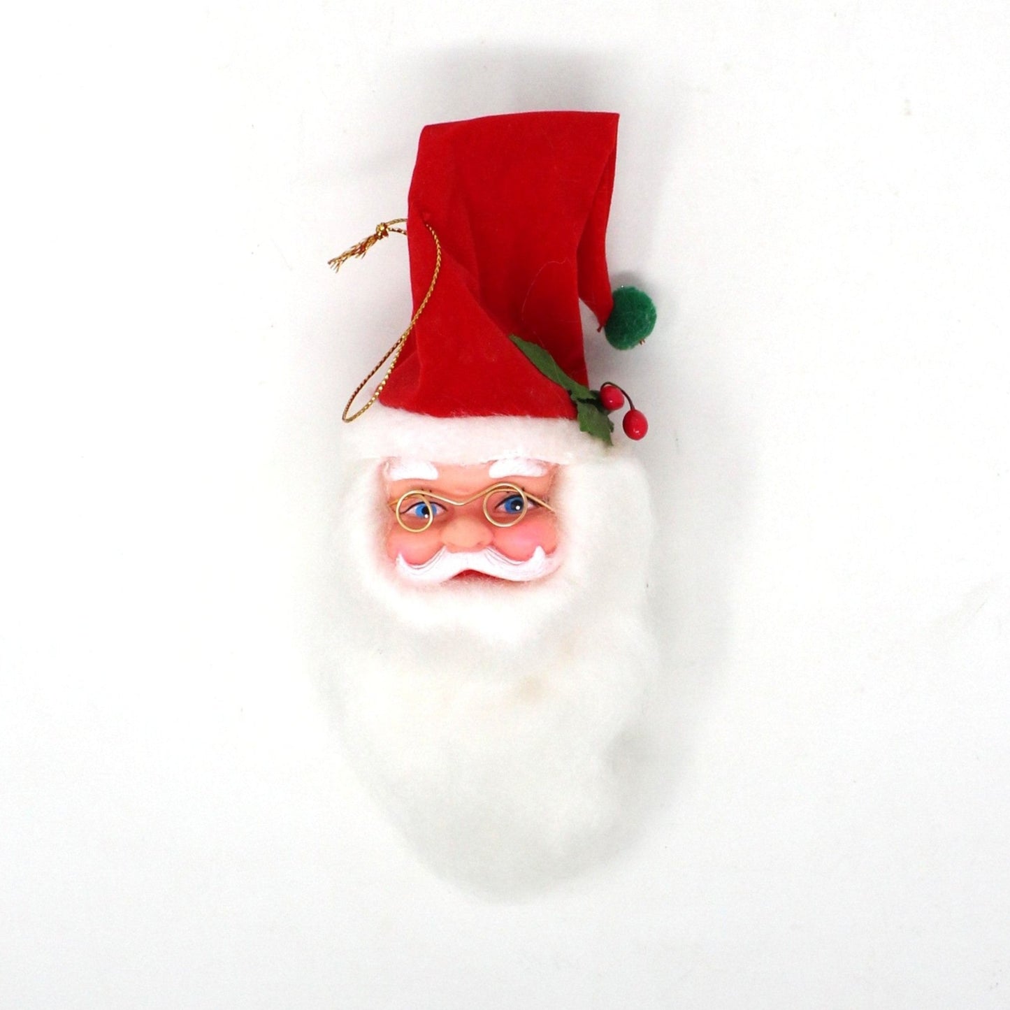 Ornaments, Santa Head with Long Cotton Beard and Glasses, Christmas Kitsch, Vintage