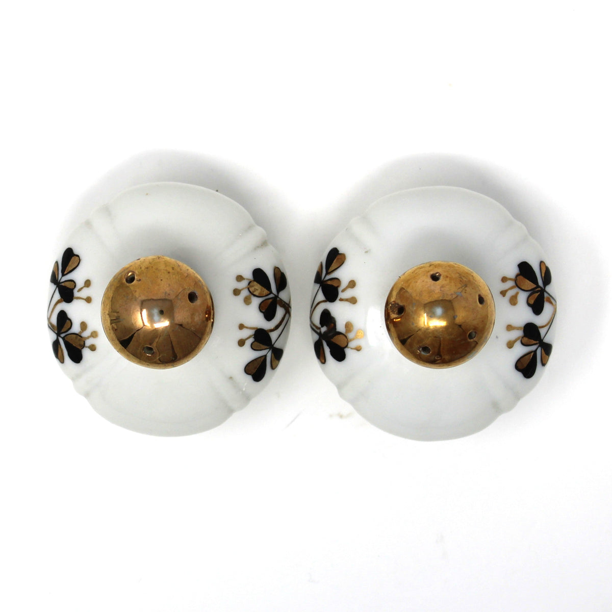 Salt and Pepper Shakers: Ucagco, Round Porcelain Gold Tops, Black / Gold Clovers, Vintage Japan, 1940s