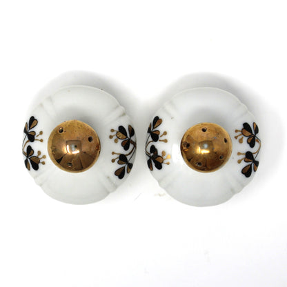 Salt and Pepper Shakers: Ucagco, Round Porcelain Gold Tops, Black / Gold Clovers, Vintage Japan, 1940s