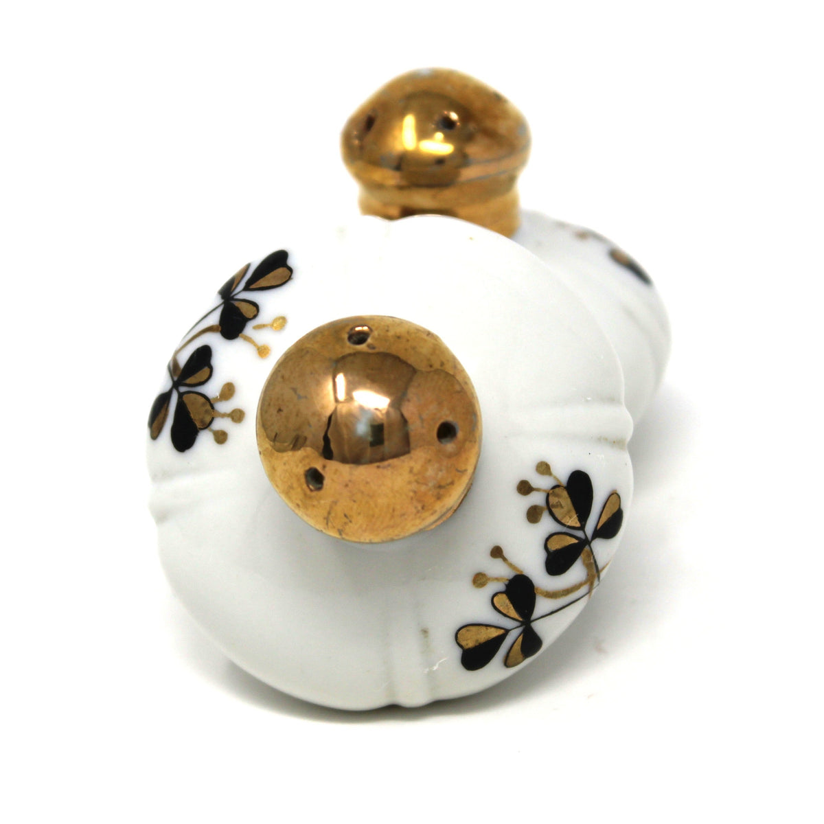 Salt and Pepper Shakers: Ucagco, Round Porcelain Gold Tops, Black / Gold Clovers, Vintage Japan, 1940s