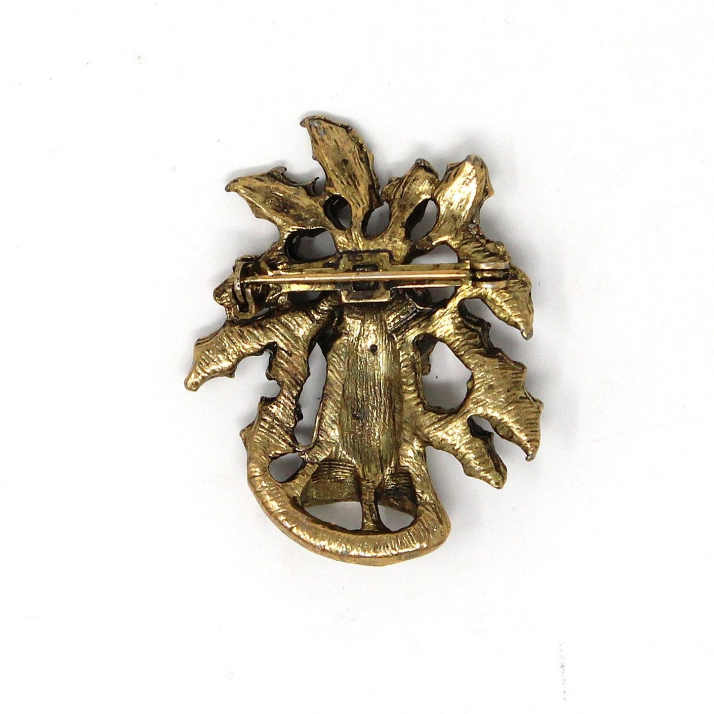 Brooch / Pin, Christmas Bell and Holly, Red & White Rhinestone Antique Gold Tone, Vintage