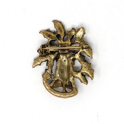 Brooch / Pin, Christmas Bell and Holly, Red & White Rhinestone Antique Gold Tone, Vintage