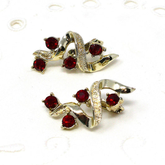 Earrings, Coro, Swirled Art Deco Style, Red Rhinestones Gold Tone Clip-On, Vintage