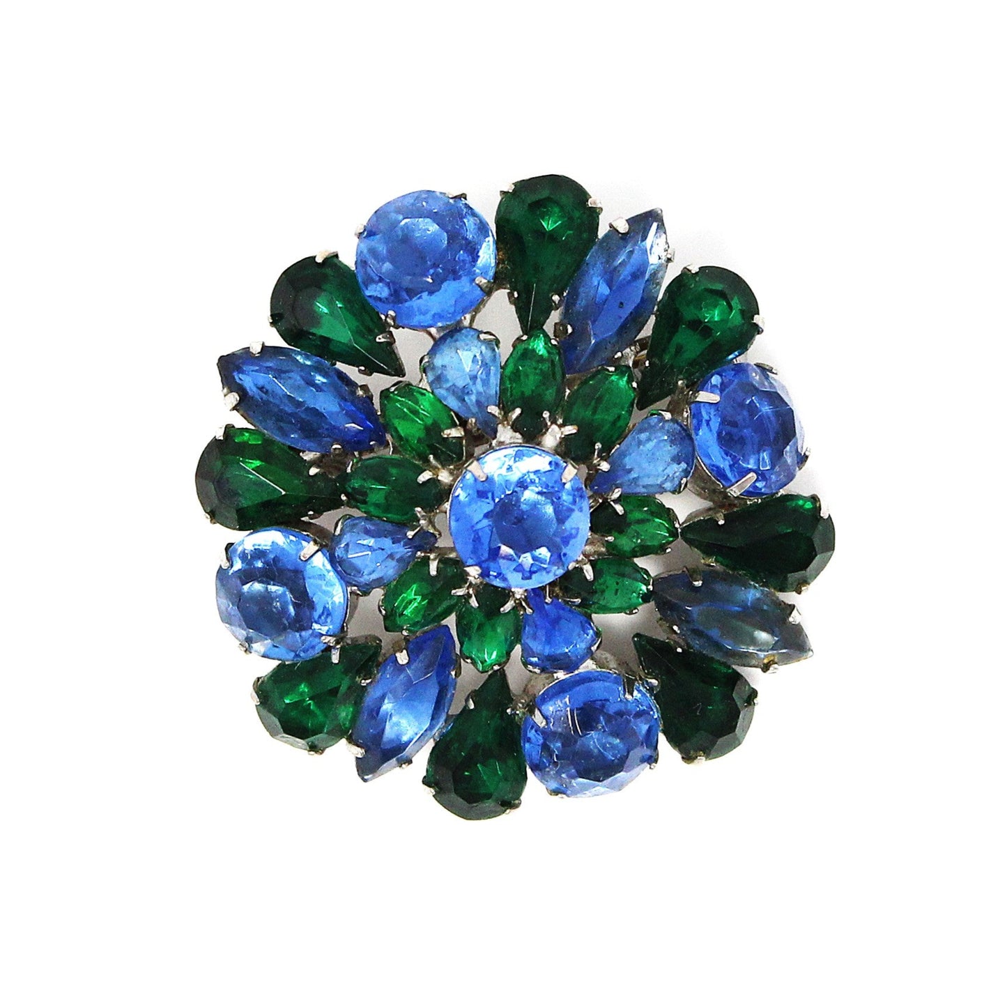 Brooch / Pin, Domed Rosette, Royal Blue & Emerald Green Rhinestones, Tiered, Prong Set, Vintage