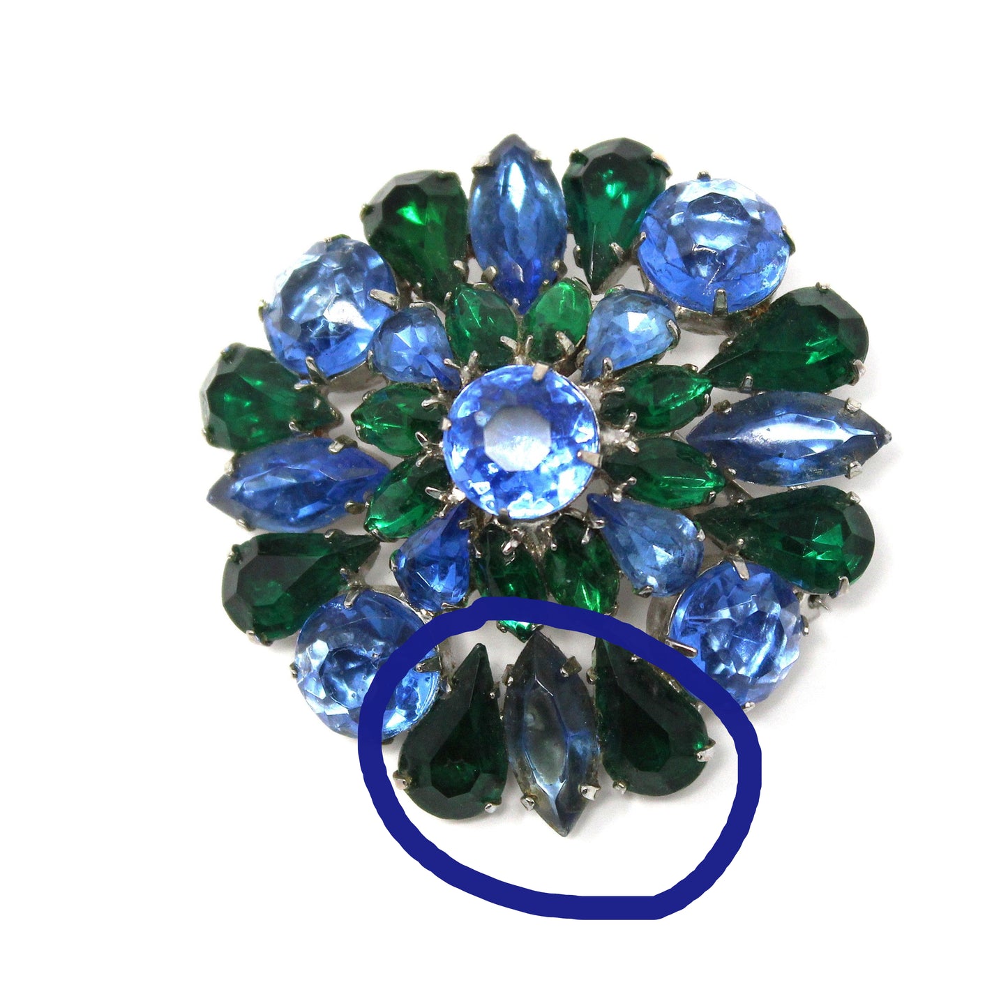 Brooch / Pin, Domed Rosette, Royal Blue & Emerald Green Rhinestones, Tiered, Prong Set, Vintage