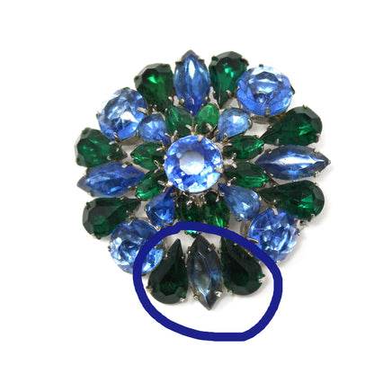 Brooch / Pin, Domed Rosette, Royal Blue & Emerald Green Rhinestones, Tiered, Prong Set, Vintage