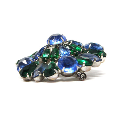 Brooch / Pin, Domed Rosette, Royal Blue & Emerald Green Rhinestones, Tiered, Prong Set, Vintage