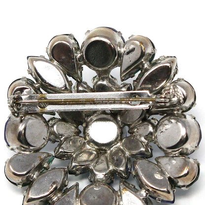 Brooch / Pin, Domed Rosette, Royal Blue & Emerald Green Rhinestones, Tiered, Prong Set, Vintage
