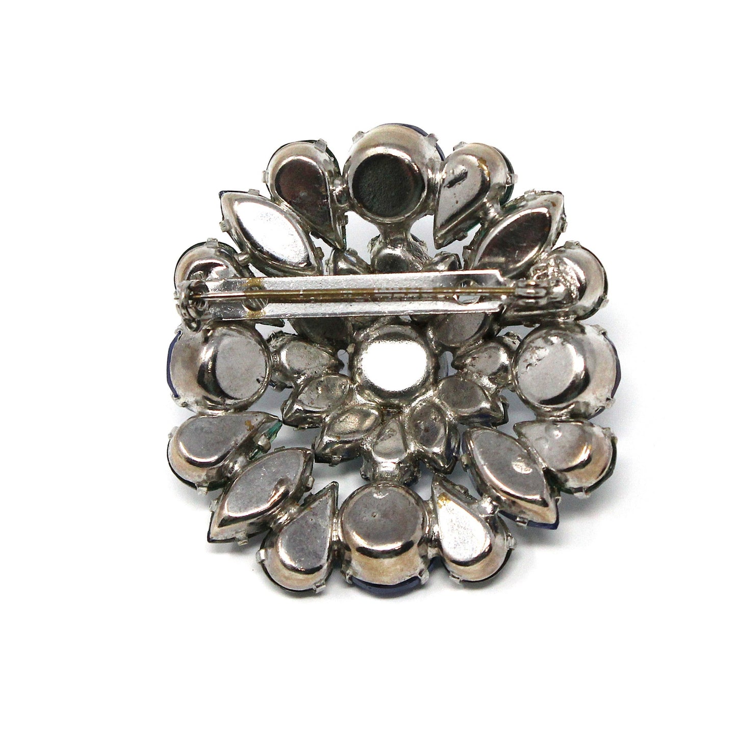 Brooch / Pin, Domed Rosette, Royal Blue & Emerald Green Rhinestones, Tiered, Prong Set, Vintage