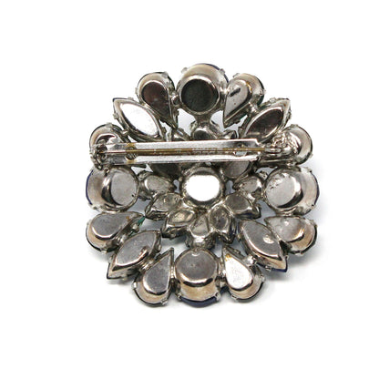 Brooch / Pin, Domed Rosette, Royal Blue & Emerald Green Rhinestones, Tiered, Prong Set, Vintage