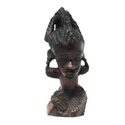 Sculpture, African Malawi Woman with Baby, Carved Bust, Solid Mahogany / Ebony, Vintage, 1950's