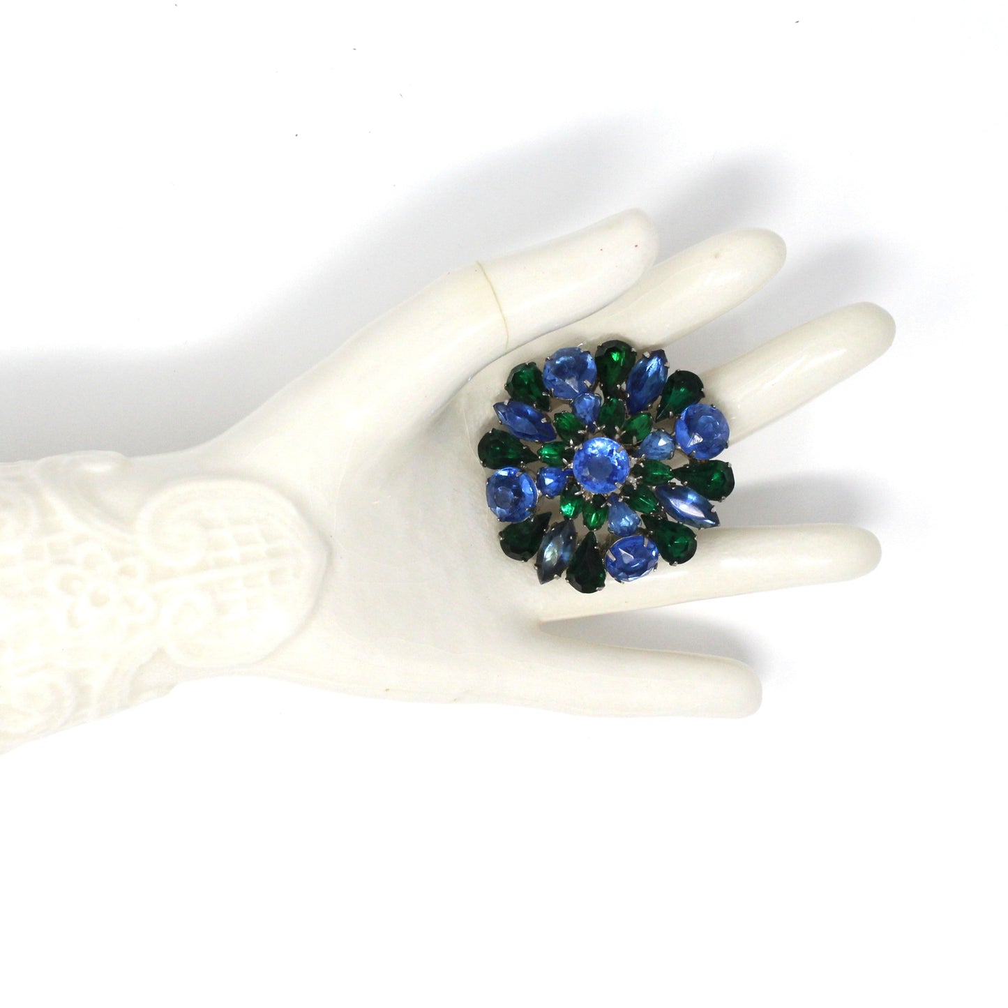 Brooch / Pin, Domed Rosette, Royal Blue & Emerald Green Rhinestones, Tiered, Prong Set, Vintage