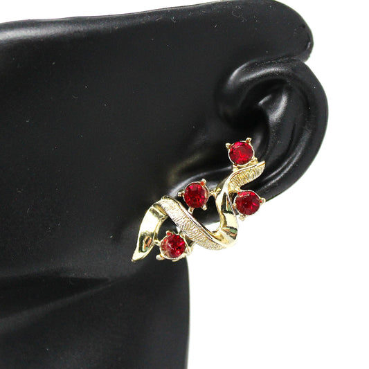 Earrings, Coro, Swirled Art Deco Style, Red Rhinestones Gold Tone Clip-On, Vintage