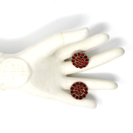 Earrings, Red Rhinestones Screw Back Round Earrings, Marked Japan, Vintage
