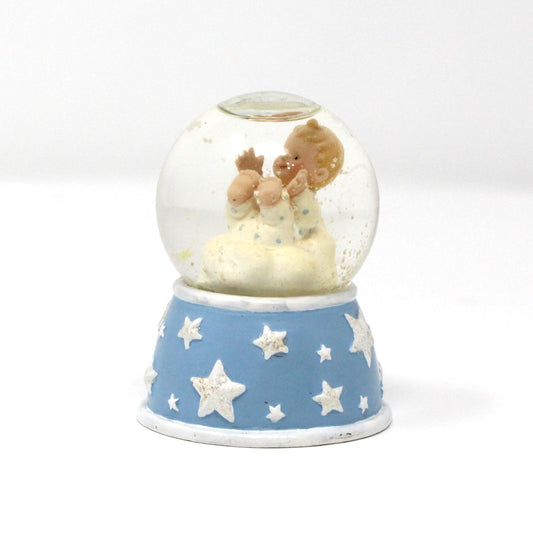 Snowglobe, Newborn Baby Mini Snow Globe with Blue & White Glitter Stars Base, Collectible, Vintage, 1990's