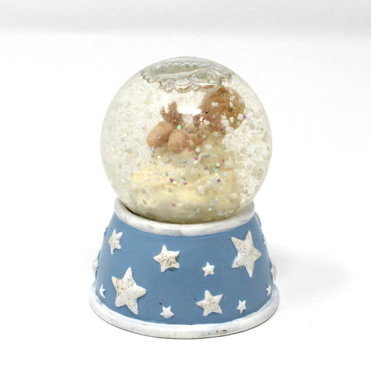 Snowglobe, Newborn Baby Mini Snow Globe with Blue & White Glitter Stars Base, Collectible, Vintage, 1990's