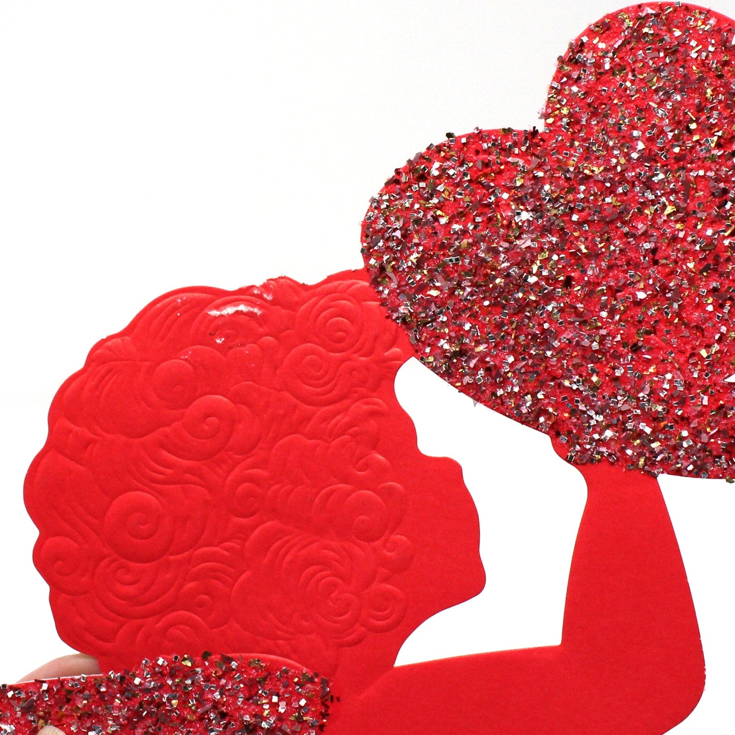 Die-Cut Decor, Valentine Cupid Silhouette, Embossed, Red with Glitter, Holding Heart, Vintage, 1970's