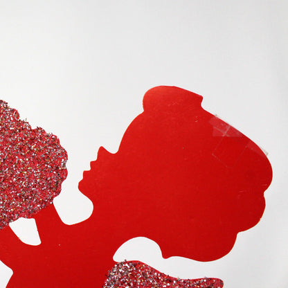 Die-Cut Decor, Valentine Cupid Silhouettes, Holding Heart & Arrow, Red with Glitter, Set of 2, Vintage, 1970's