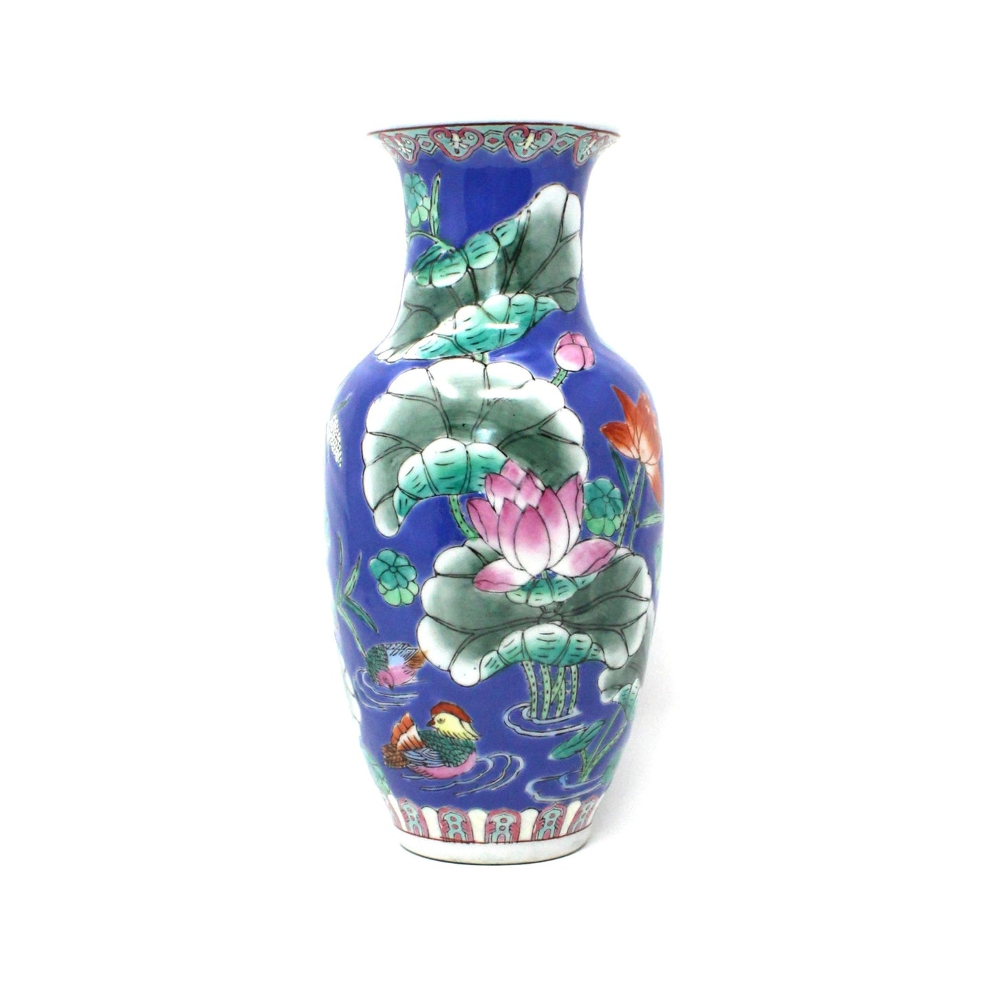 Vase, Oriental Lotus Flower & Lily Pads Design, Chinese Export Chinoiserie, Asian, Vintage, 1970's