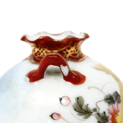 Bud Vase, Kutani, Hand Painted Oriental Pink Florals, Eiraku Style Chinoiserie, Vintage, 1930's