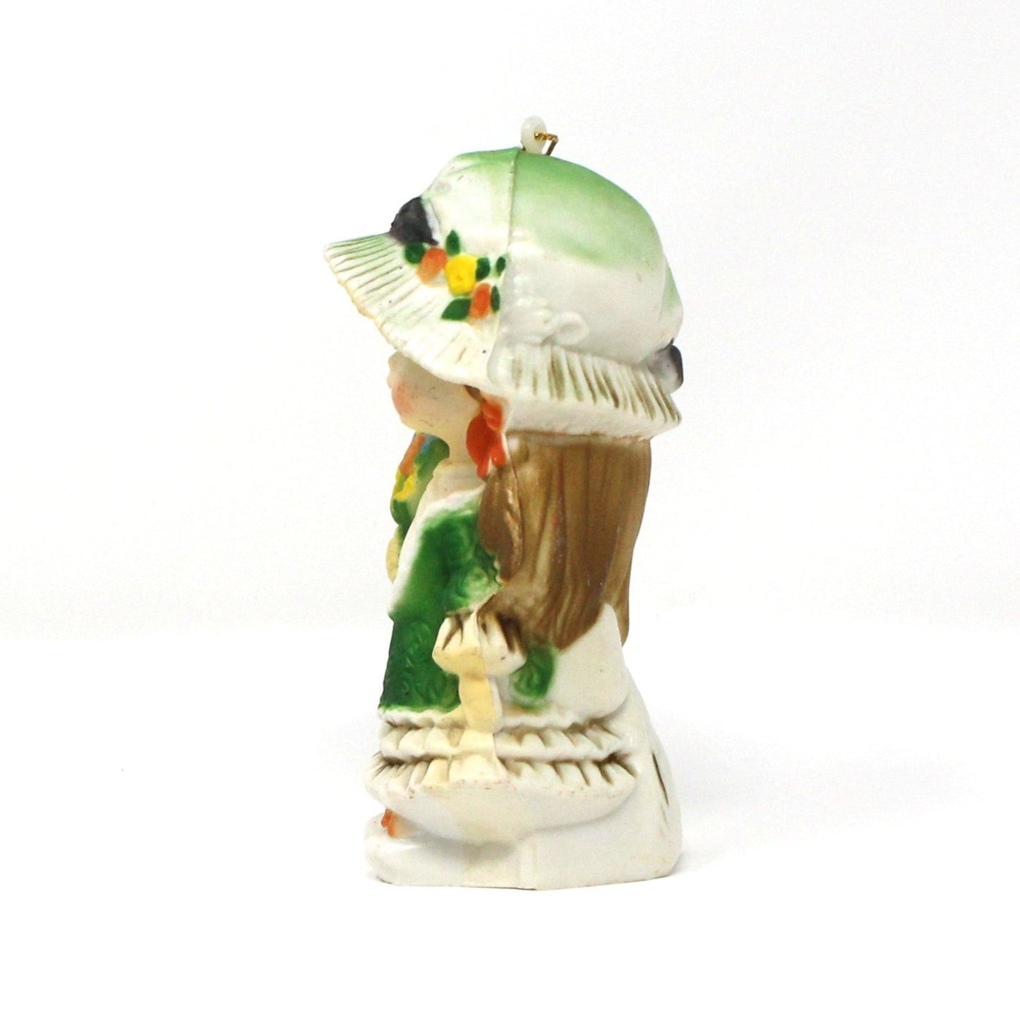 Ornaments, Girl in Green Dress with Bonnet & Flowers, Holly Hobbie Style, Hard Plastic, Vintage, 1970's