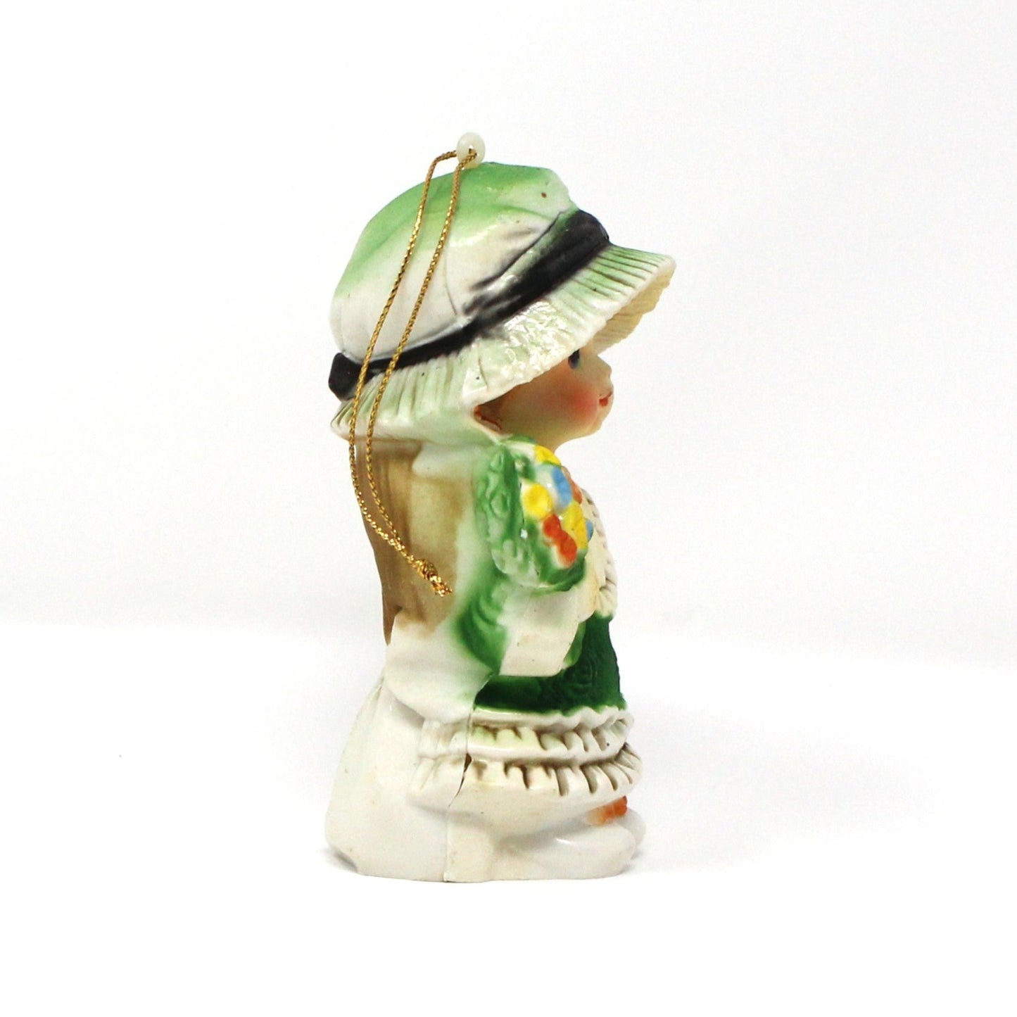 Ornaments, Girl in Green Dress with Bonnet & Flowers, Holly Hobbie Style, Hard Plastic, Vintage, 1970's