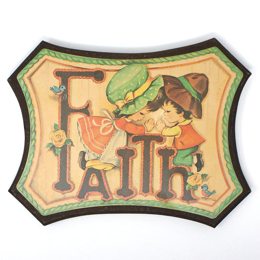 Wall Decor, Wooden Plaque / Sign, Faith, Children Praying, Mounted Image on Wood, Vintage, 1970's