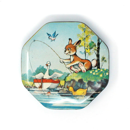 Gift Tin / Candy Tin, Metal Box Co, Bunny Rabbit Fishing, Octagon Shape, Vintage, 1940's