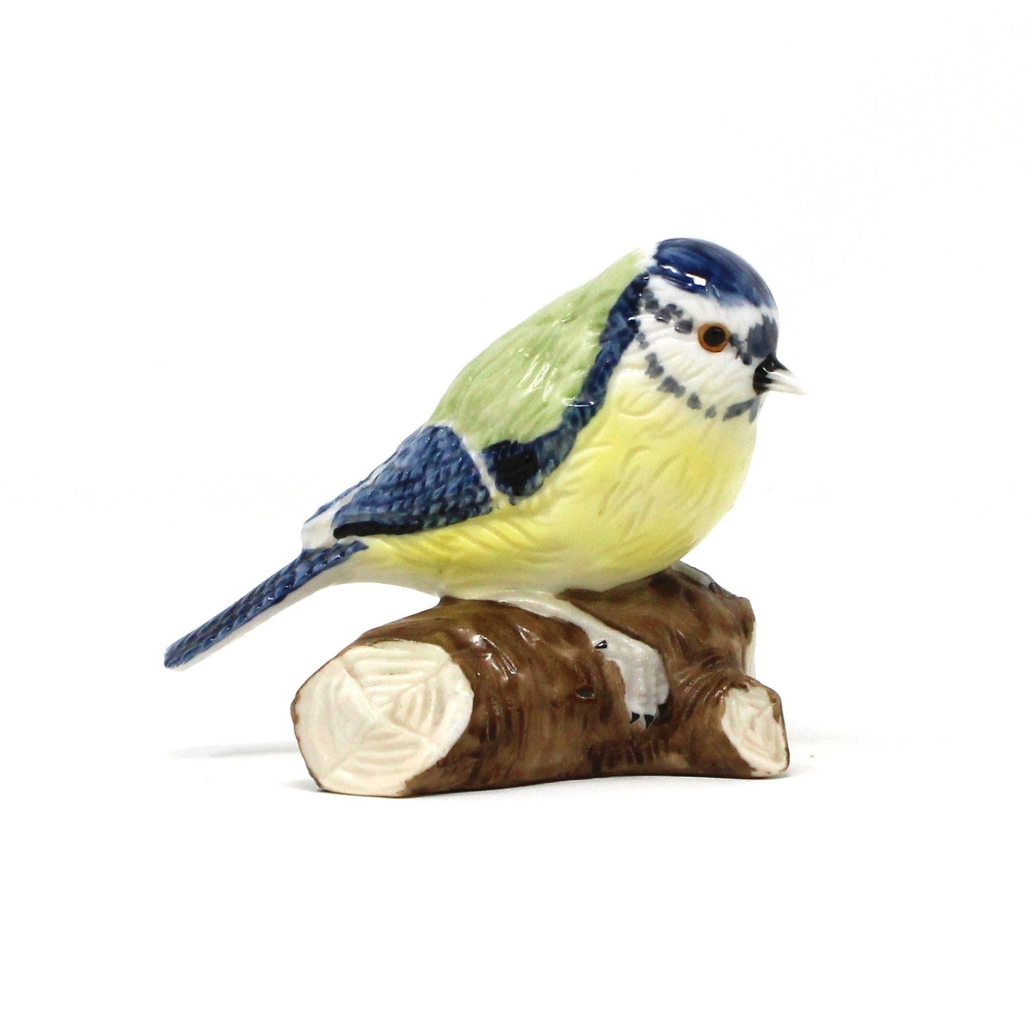 Figurine, Blue Tit Bird on Log, Hand Painted Porcelain, Antique Foreign, early 1900's