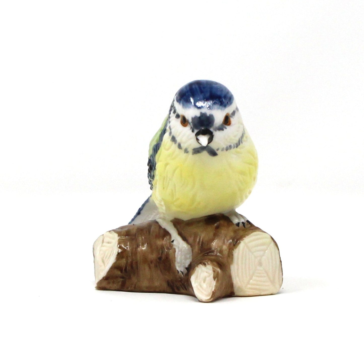 Figurine, Blue Tit Bird on Log, Hand Painted Porcelain, Antique Foreign, early 1900's