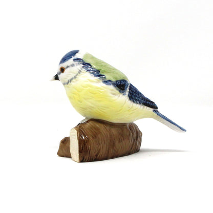 Figurine, Blue Tit Bird on Log, Hand Painted Porcelain, Antique Foreign, early 1900's
