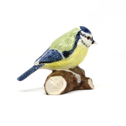 Figurine, Blue Tit Bird on Log, Hand Painted Porcelain, Antique Foreign, early 1900's
