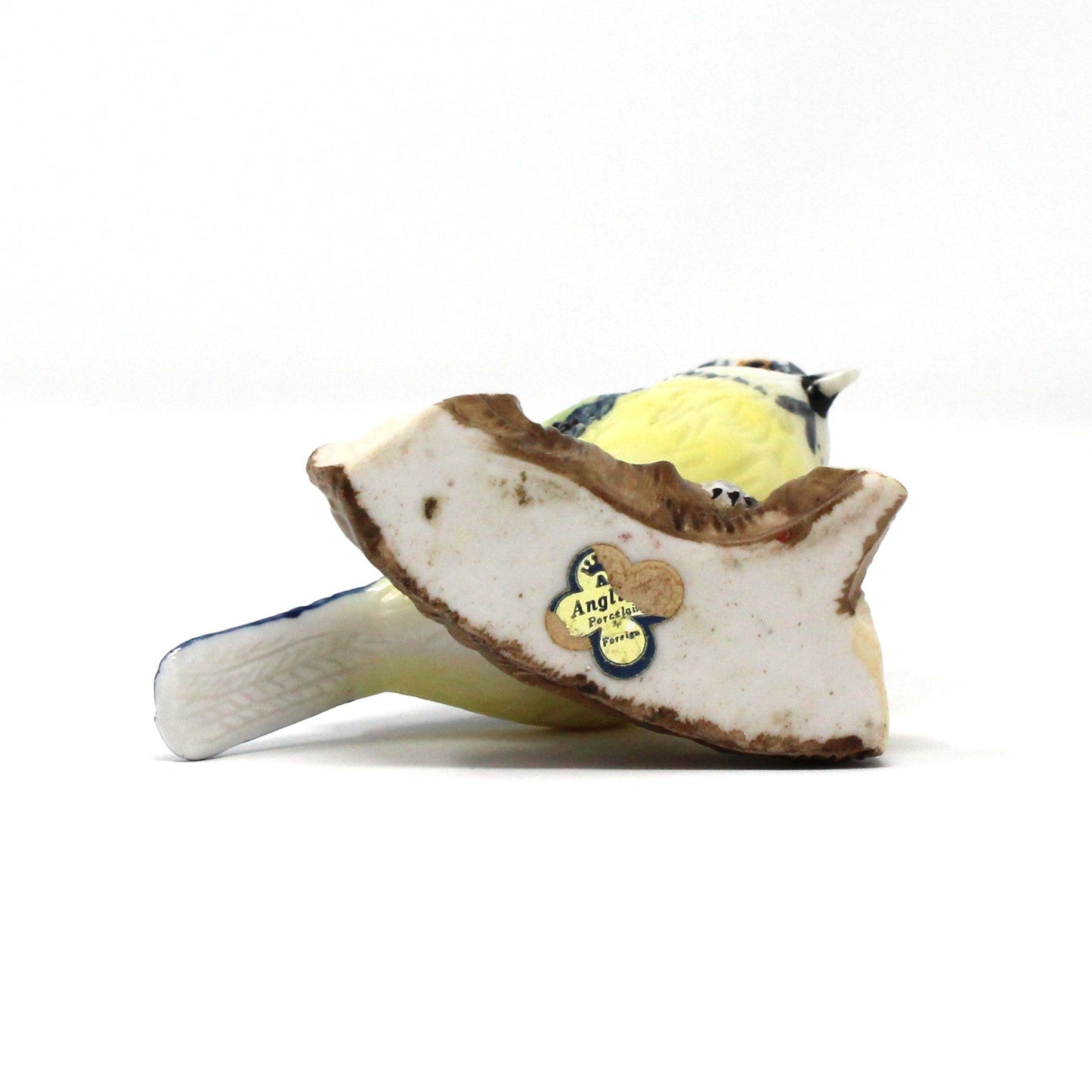 Figurine, Blue Tit Bird on Log, Hand Painted Porcelain, Antique Foreign, early 1900's