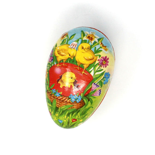 Box, Gift Box / Candy Box, Paper Mache Easter Egg Shaped Treat Box, Yellow Baby Chicks, Fillable, 5" Vintage W. Germany, 1970's